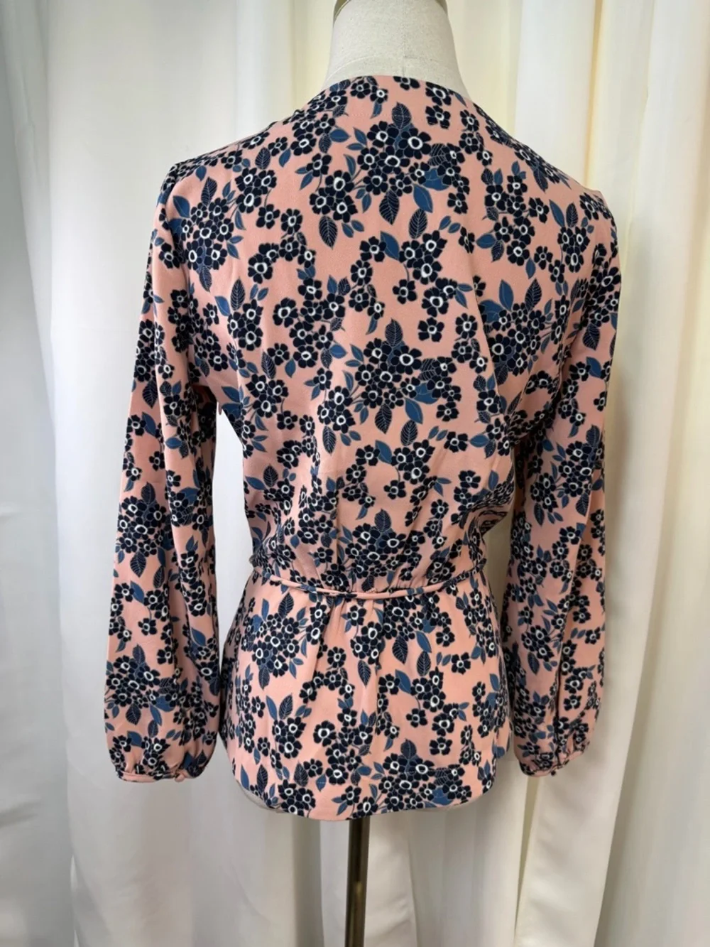 J. Crew Pink & Blue Floral Print Faux Wrap Crepe Blouson Sleeve Blouse Size 4